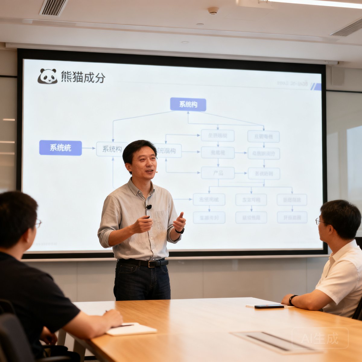 熊猫比分创始人兼CEO陈明远在公司技术会议上发言的场景，他穿着休闲衬衫，背后屏幕上显示着系统架构图