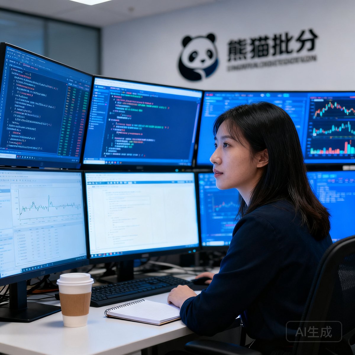 熊猫比分数据科学总监王思涵坐在多屏幕工作台前，屏幕上满是数据图表和代码，她专注地分析着赛事预测模型