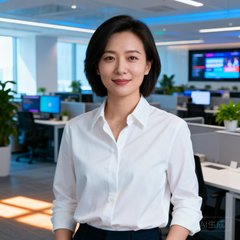 某体育资讯APP产品总监林薇的商务形象照，她身穿干练的白色衬衫，背景是现代化的互联网公司办公区